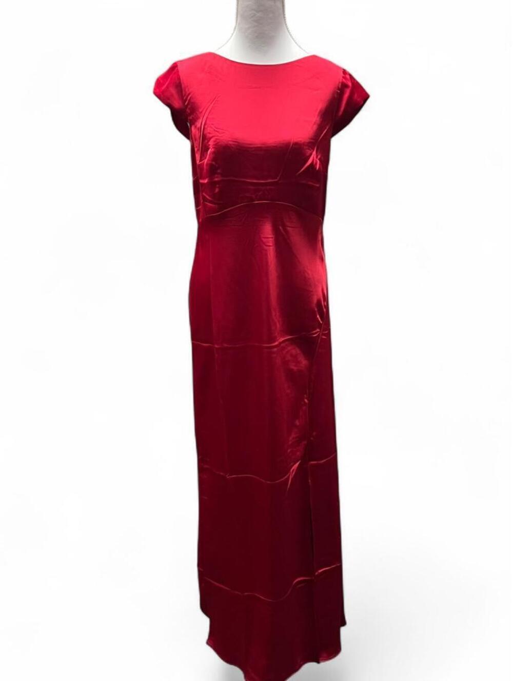 A New Day Red Satin Maxi Dress with Cap Sleeves and Zipper Closure